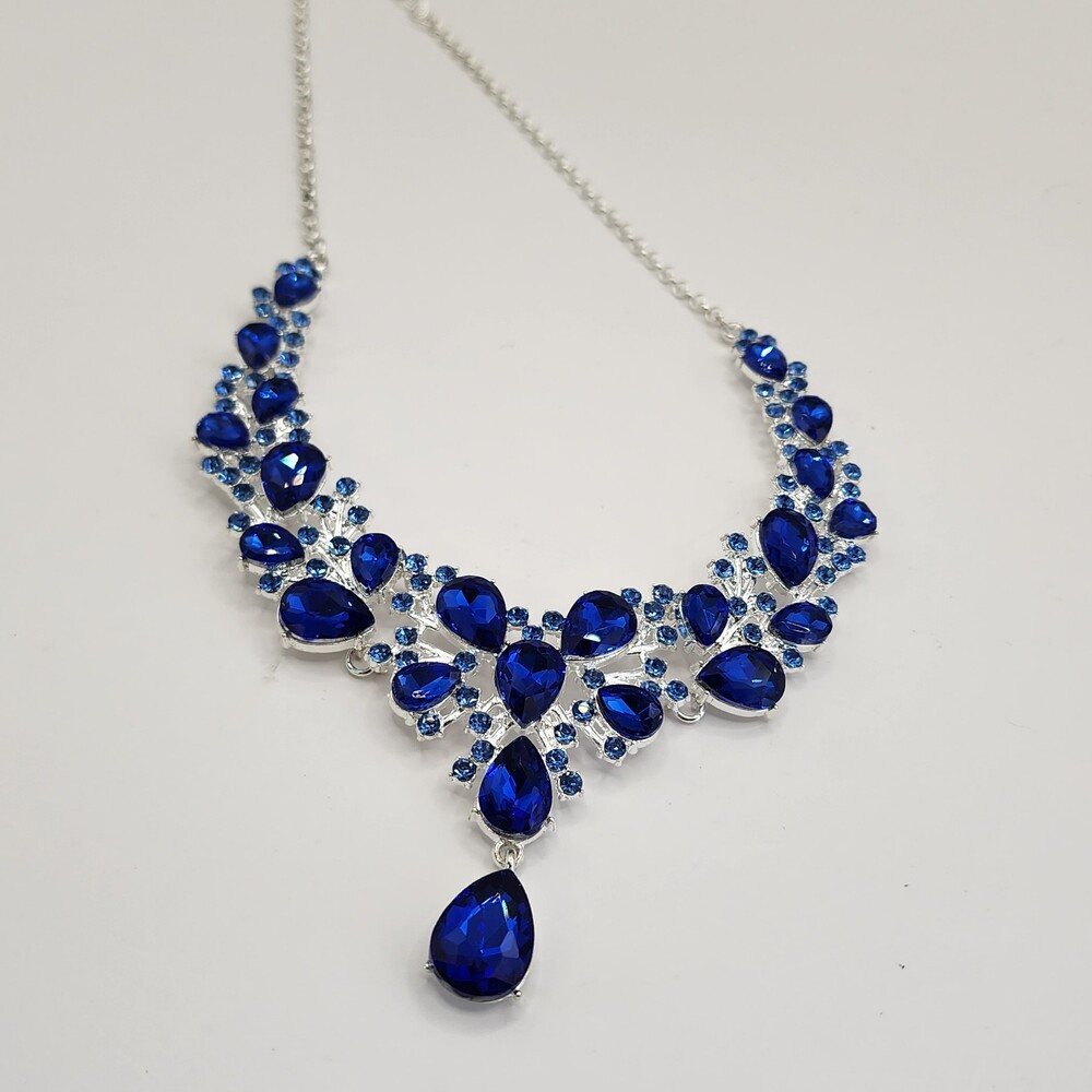 Royal Blue Rhinestone Teardrop Bib Necklace Dangle Earrings Set New Unbranded